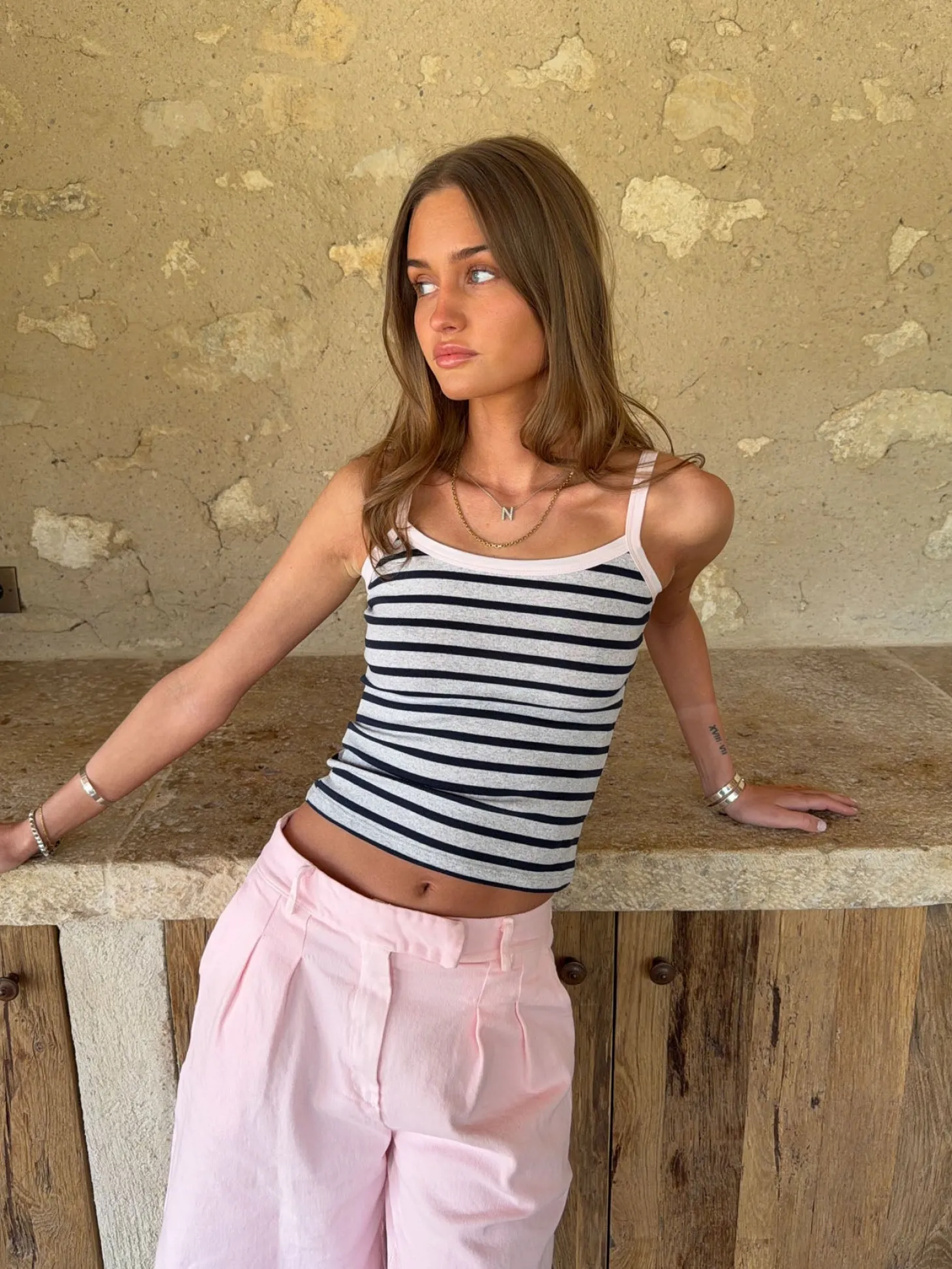 Wren tanktop med striber - Lysegrå/navy/pink